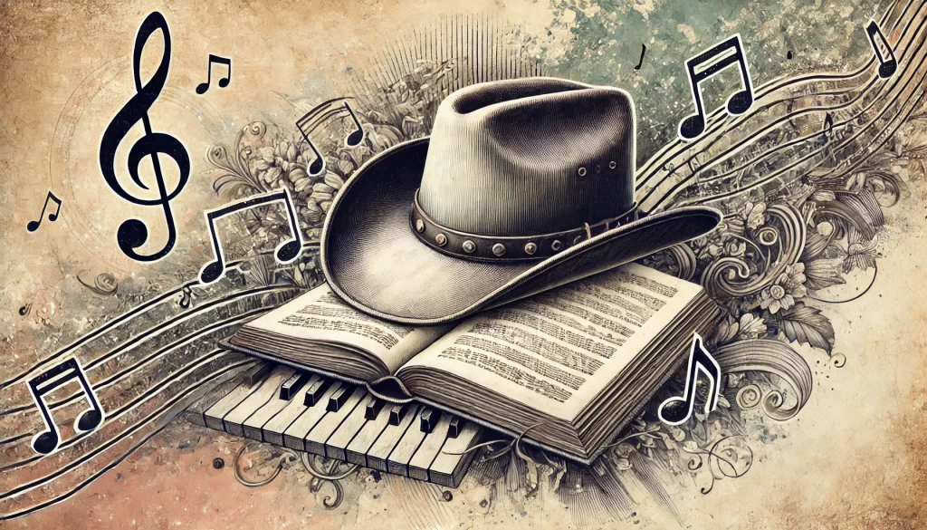 A cowboy hat, book, and music notes to depict critical media analysis