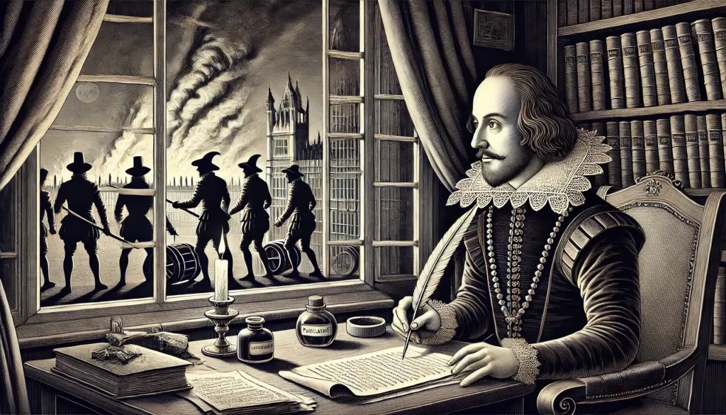 Image of Shakespeare writing Macbeth and looking out at the window at Gunpowder Plot elements, connecting to historical context of the play